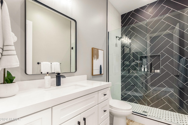 bathroom with vanity, toilet, and walk in shower