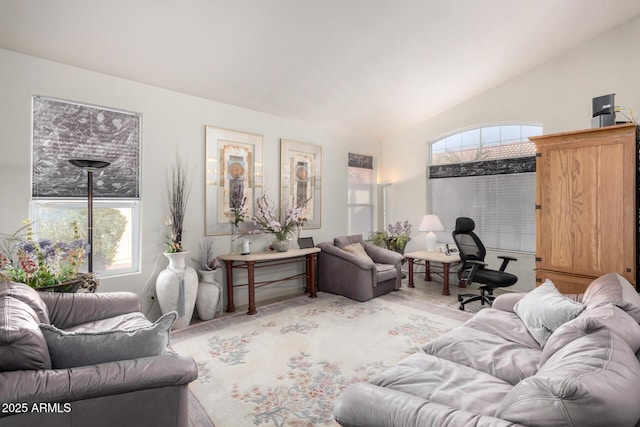 living room featuring a wealth of natural light and lofted ceiling