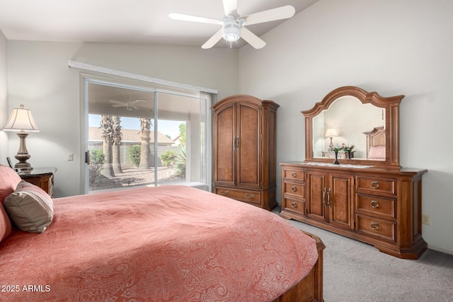 carpeted bedroom featuring access to outside, ceiling fan, and lofted ceiling