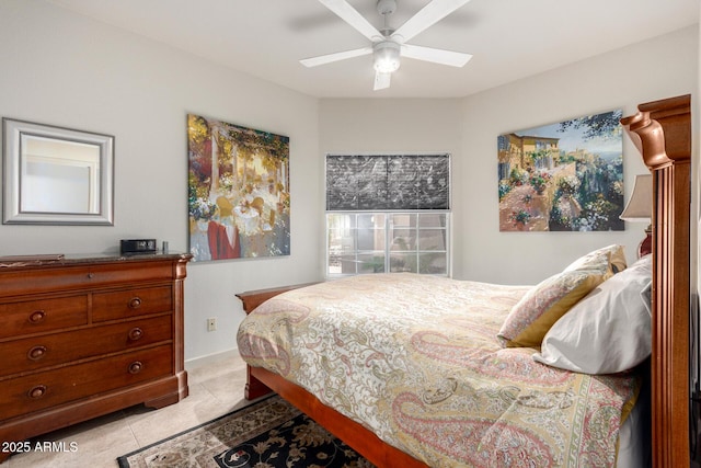 bedroom with light tile patterned floors and ceiling fan