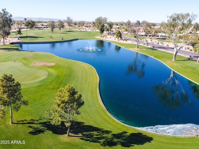 bird's eye view featuring a water view and golf course view