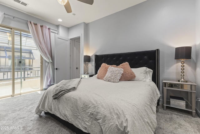 carpeted bedroom with a ceiling fan, visible vents, and access to outside