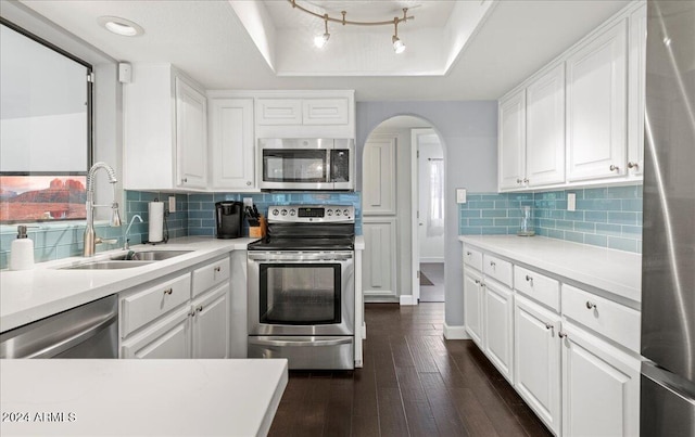 kitchen featuring a raised ceiling, white cabinetry, sink, and stainless steel appliances