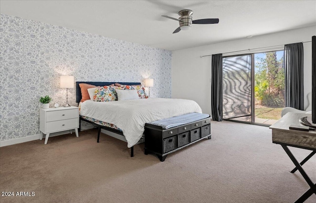 bedroom with access to outside, carpet, and ceiling fan