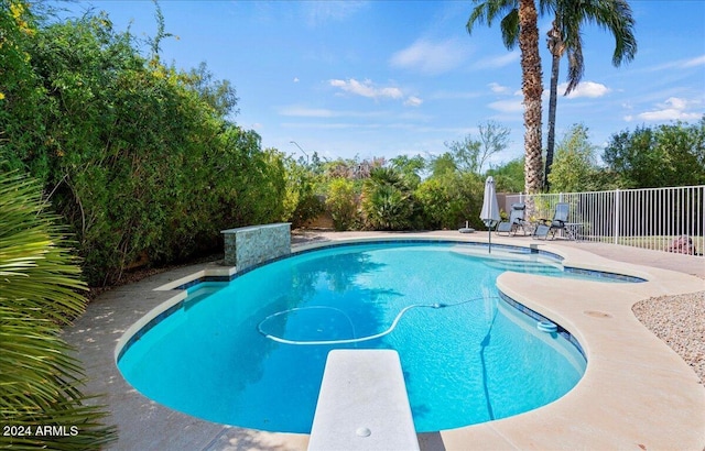 view of swimming pool featuring a diving board and a patio area