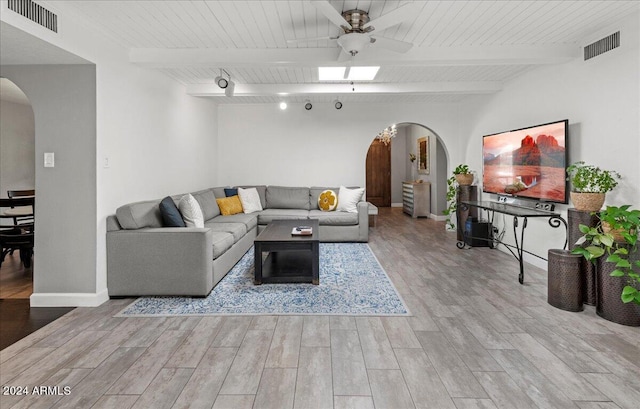 living room featuring light wood-type flooring, beam ceiling, ceiling fan, and wooden ceiling