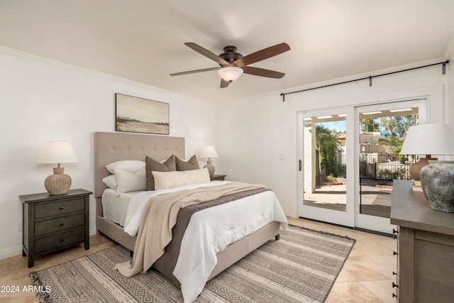 tiled bedroom with access to exterior, ceiling fan, and ornamental molding