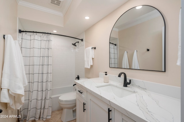 full bathroom featuring shower / bath combination with curtain, vanity, crown molding, tile patterned flooring, and toilet