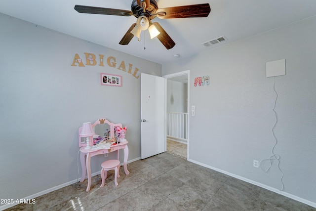 bedroom with a ceiling fan, baseboards, and visible vents