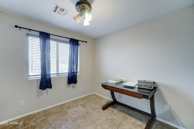 home office with baseboards, visible vents, and ceiling fan