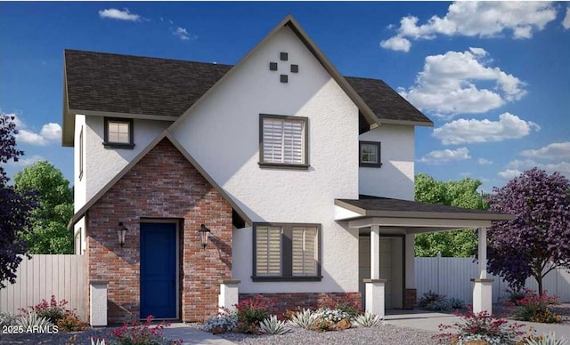 view of front of house with brick siding, roof with shingles, and fence