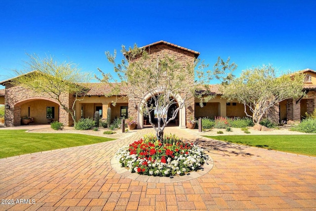 back of house with a tiled roof, stucco siding, and a lawn