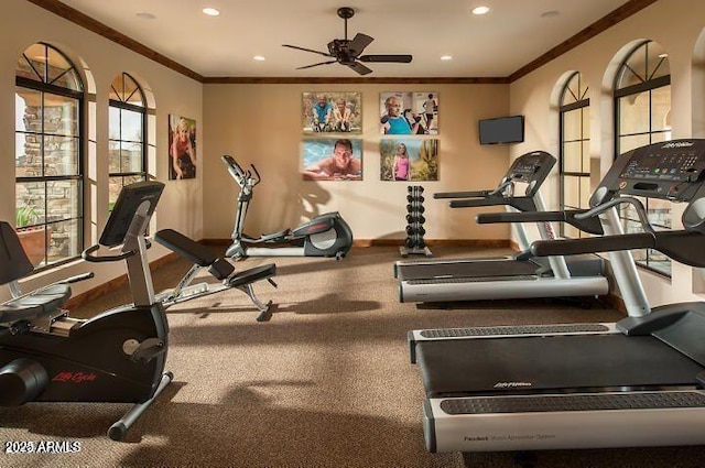 exercise room featuring baseboards, ornamental molding, recessed lighting, and a ceiling fan