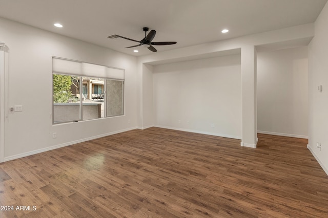 unfurnished room with recessed lighting, ceiling fan, baseboards, and wood finished floors