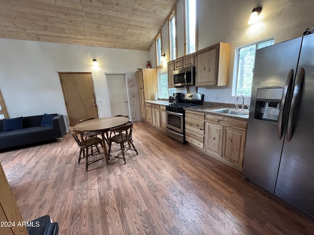 kitchen with appliances with stainless steel finishes, wood ceiling, sink, high vaulted ceiling, and dark hardwood / wood-style floors