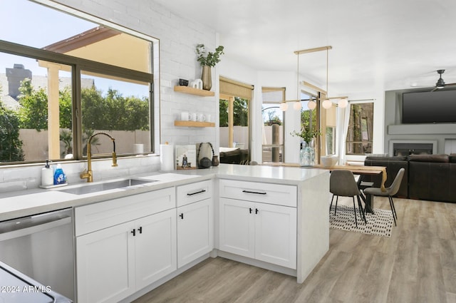 kitchen featuring dishwasher, light hardwood / wood-style flooring, sink, and white cabinets