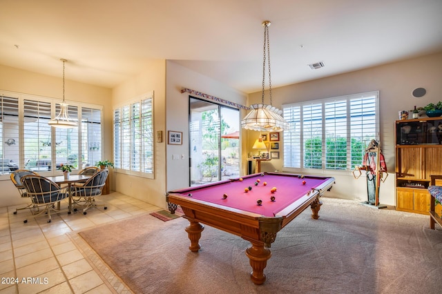 rec room featuring light tile patterned floors and billiards