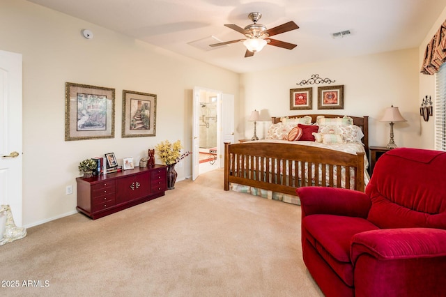 bedroom featuring visible vents, ceiling fan, and light carpet