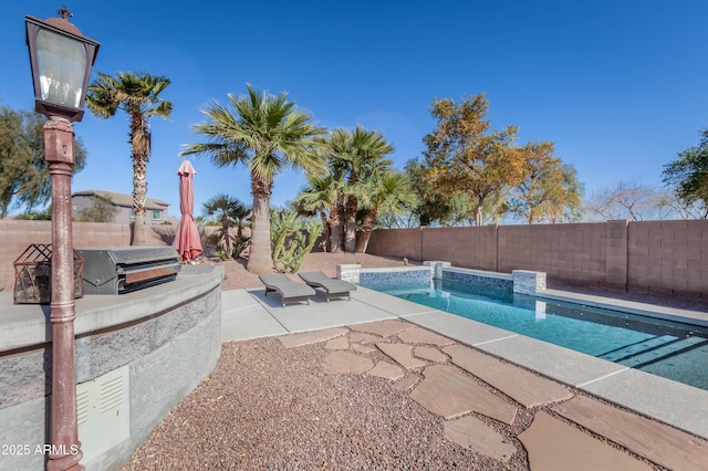 view of swimming pool featuring pool water feature, a jacuzzi, and a patio