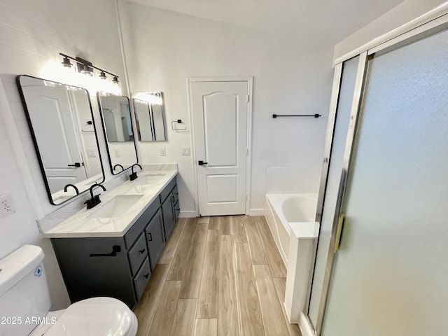 bathroom featuring hardwood / wood-style floors, vanity, a washtub, and toilet