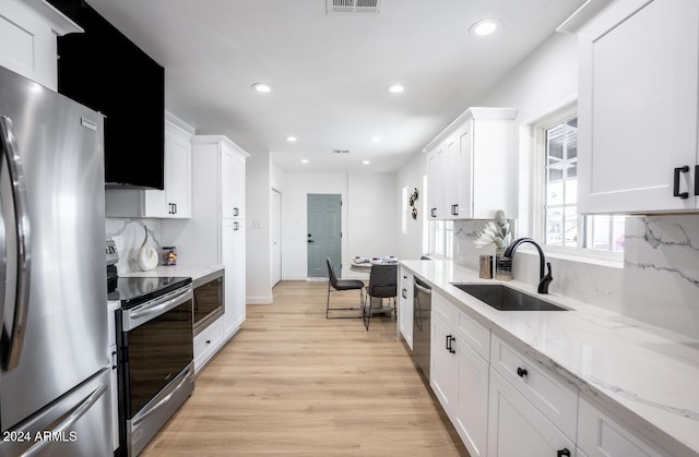 kitchen featuring sink, stainless steel appliances, light hardwood / wood-style flooring, backsplash, and white cabinets