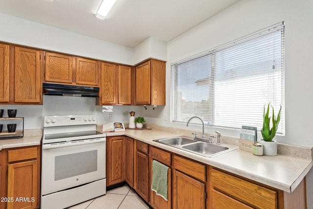 kitchen featuring white range with electric cooktop, a sink, brown cabinetry, and under cabinet range hood