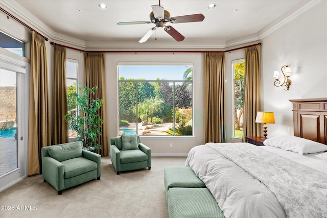 carpeted bedroom featuring ceiling fan, ornamental molding, access to outside, and multiple windows