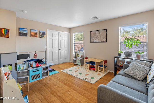 recreation room with a wealth of natural light and hardwood / wood-style flooring