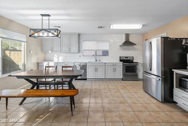 kitchen featuring stainless steel appliances, sink, wall chimney range hood, decorative light fixtures, and tasteful backsplash