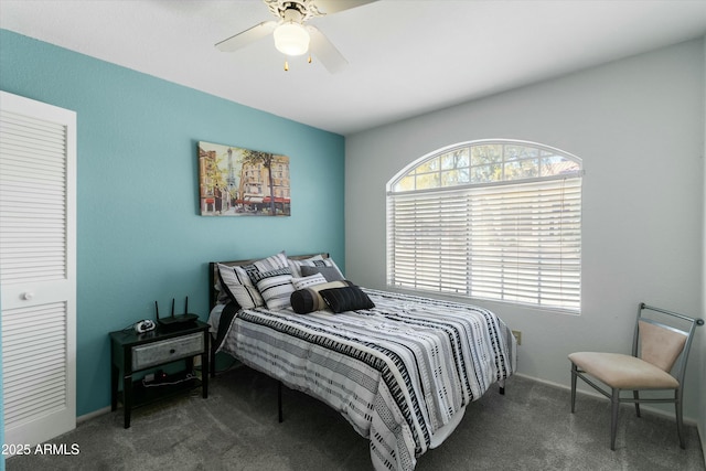 carpeted bedroom featuring ceiling fan