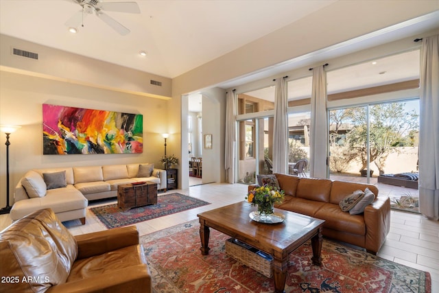 living room with ceiling fan