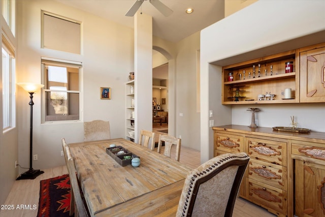 dining room with ceiling fan, light hardwood / wood-style flooring, and a healthy amount of sunlight