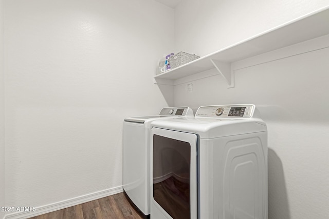 5875 N 195th Dr, Litchfield Park, AZ 85340 - laundry area with dark wood-type flooring, laundry area, baseboards, and separate washer and dryer