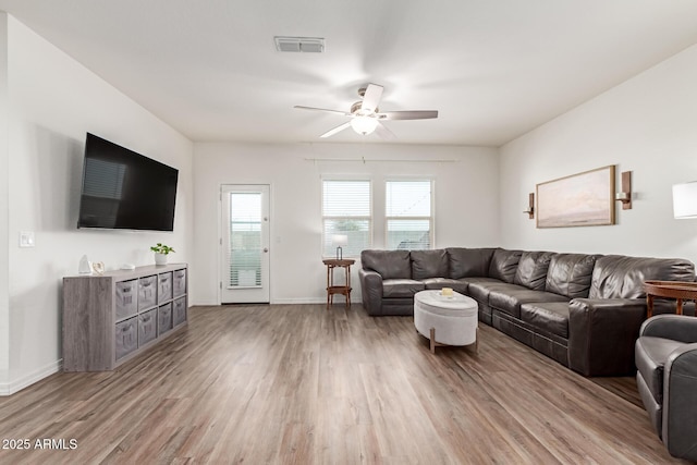 5875 N 195th Dr, Litchfield Park, AZ 85340 - living room with a ceiling fan, baseboards, visible vents, and wood finished floors