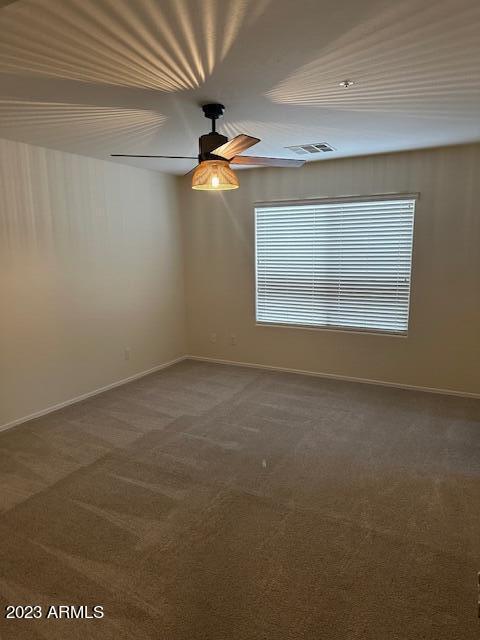 spare room with a wealth of natural light, ceiling fan, and carpet