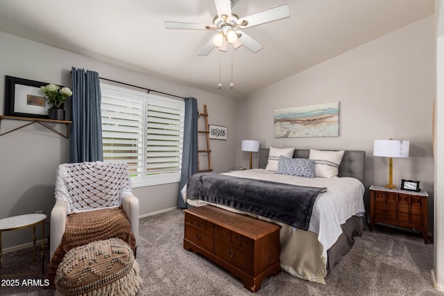 carpeted bedroom with baseboards, vaulted ceiling, and a ceiling fan