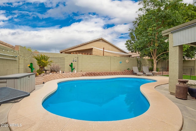 view of pool with a fenced in pool, a fenced backyard, and a patio