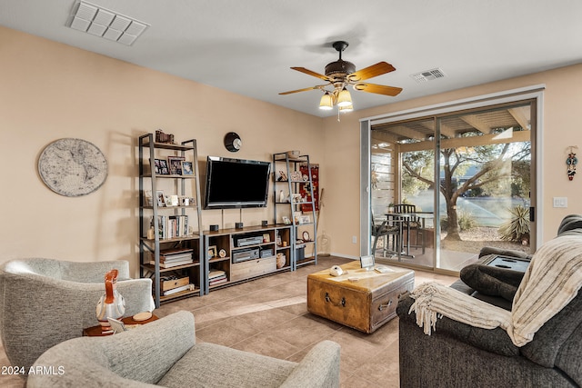 living room with ceiling fan