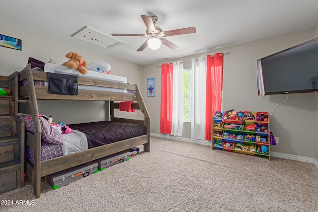 bedroom with ceiling fan and carpet flooring