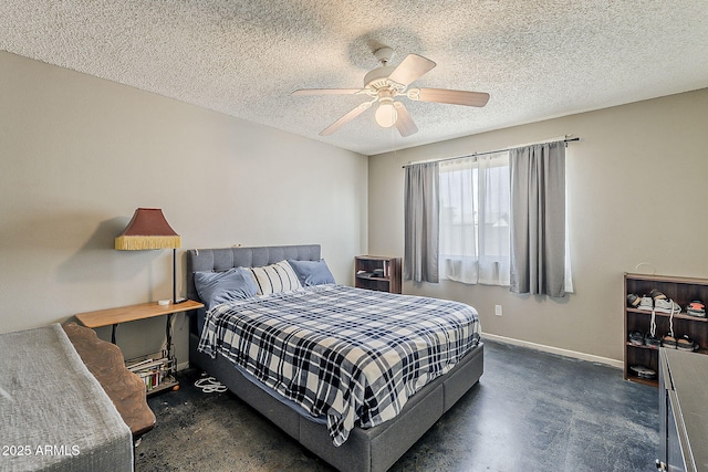 bedroom with baseboards, a ceiling fan, and a textured ceiling
