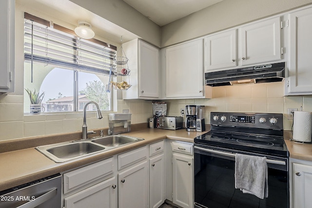 kitchen with black electric range oven, under cabinet range hood, a sink, dishwasher, and white cabinets
