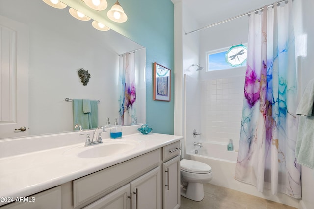 full bathroom featuring tile patterned floors, toilet, shower / tub combo, and vanity