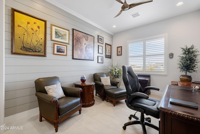 office space with ceiling fan, baseboards, visible vents, and recessed lighting