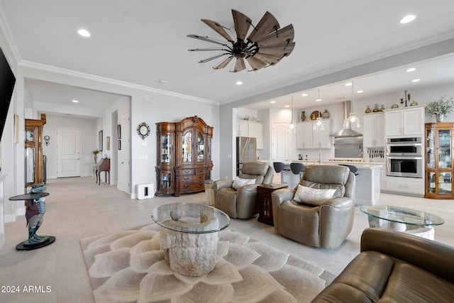 living area featuring baseboards, ornamental molding, light tile patterned floors, and recessed lighting