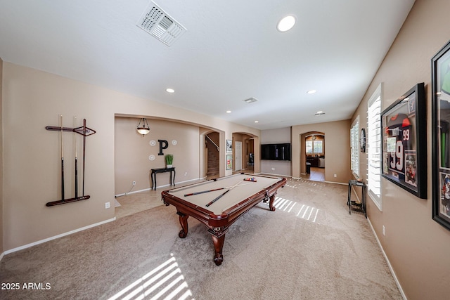 2886 E Hazeltine Way, Chandler, AZ 85249 - playroom with visible vents, arched walkways, pool table, baseboards, and light carpet