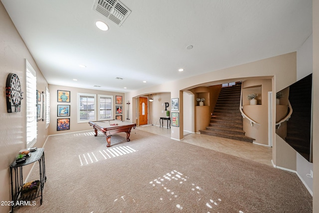 2886 E Hazeltine Way, Chandler, AZ 85249 - rec room with carpet floors, arched walkways, pool table, baseboards, and visible vents
