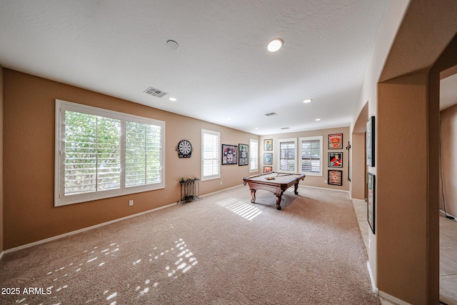 2886 E Hazeltine Way, Chandler, AZ 85249 - recreation room with visible vents, light colored carpet, pool table, baseboards, and recessed lighting