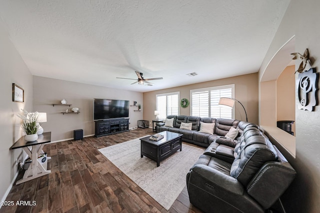 2886 E Hazeltine Way, Chandler, AZ 85249 - living room with baseboards, ceiling fan, visible vents, and wood finished floors