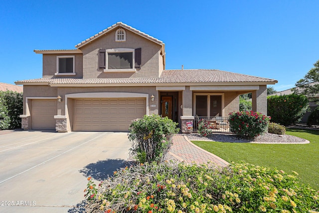 2886 E Hazeltine Way, Chandler, AZ 85249 - traditional-style home featuring an attached garage, a front lawn, a tile roof, stucco siding, and covered porch