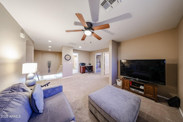 2886 E Hazeltine Way, Chandler, AZ 85249 - living room with ceiling fan, carpet, recessed lighting, baseboards, and visible vents